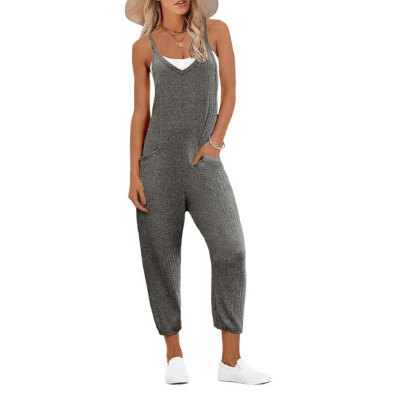 Ekouaer Pants - Ekouaer Spaghetti Strap Ribbed Overall Jumpsuit in Dark Gray - Size‎ XXL